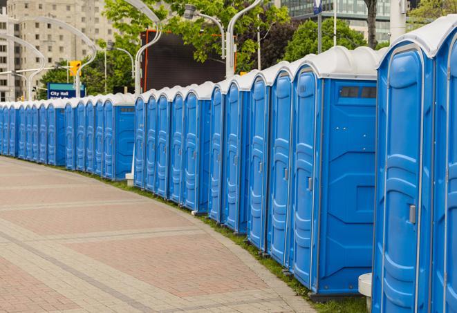 a row of portable restrooms at an outdoor special event, ready for use in Blue Island